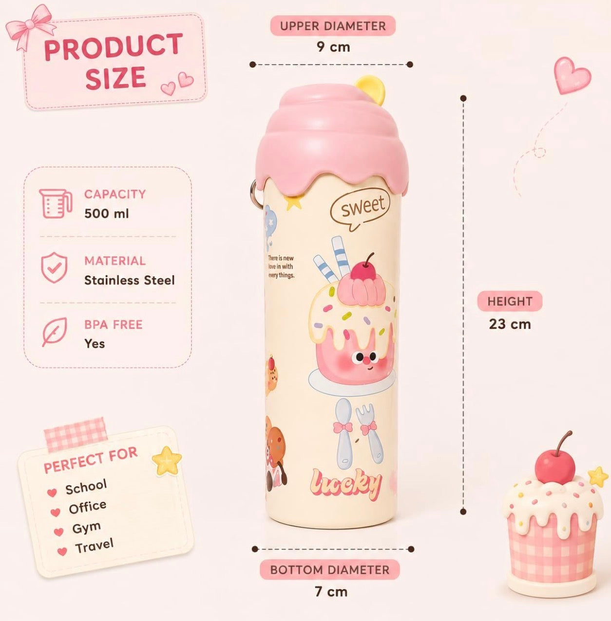 Cute Ice Cream Insulated Tumbler with Straw (600 ml)