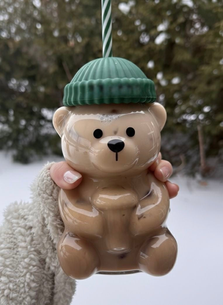 Cute Teddy Glass Tumbler with Straw & Lid