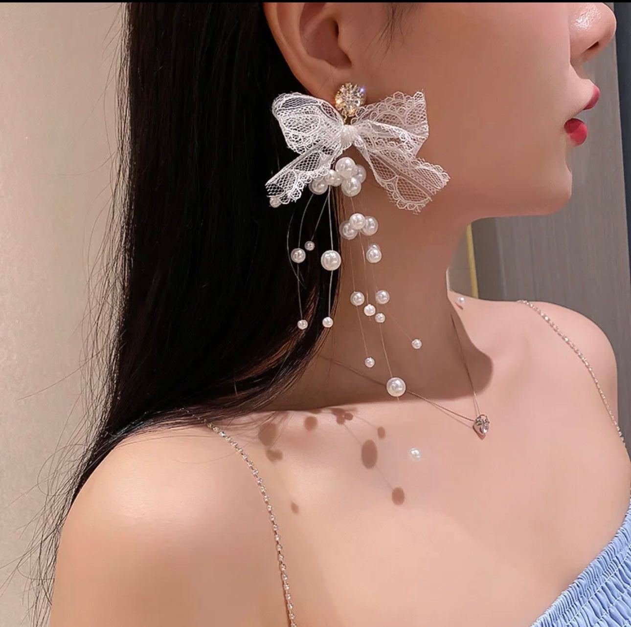 Pearl Diamond Lace Bow Long Earrings