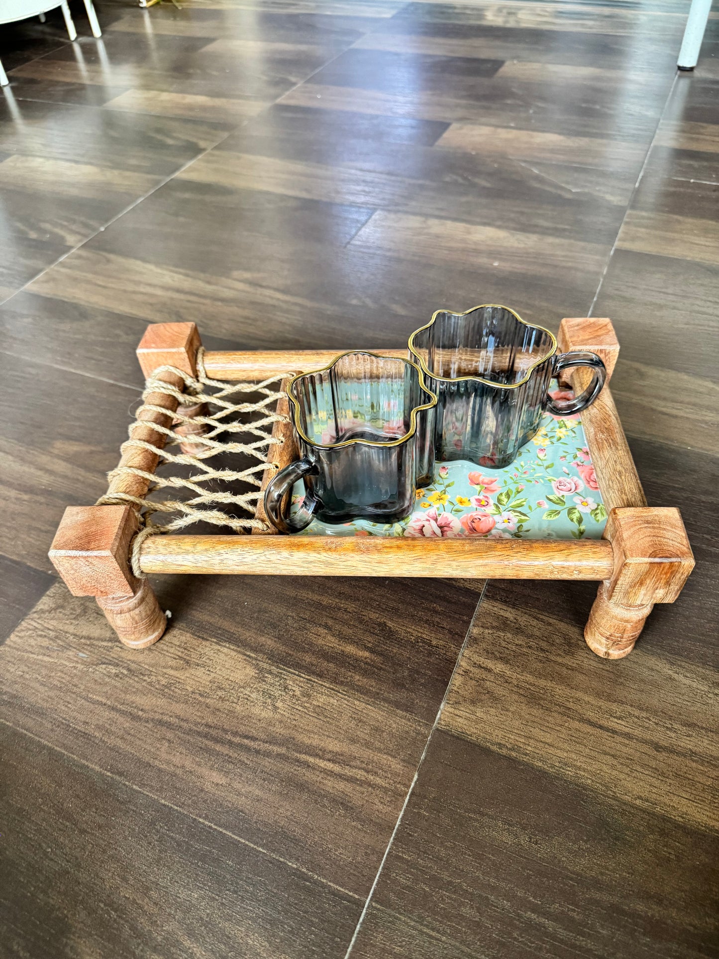Exquisite Floral Print Wooden Khatiya/Cot Tray