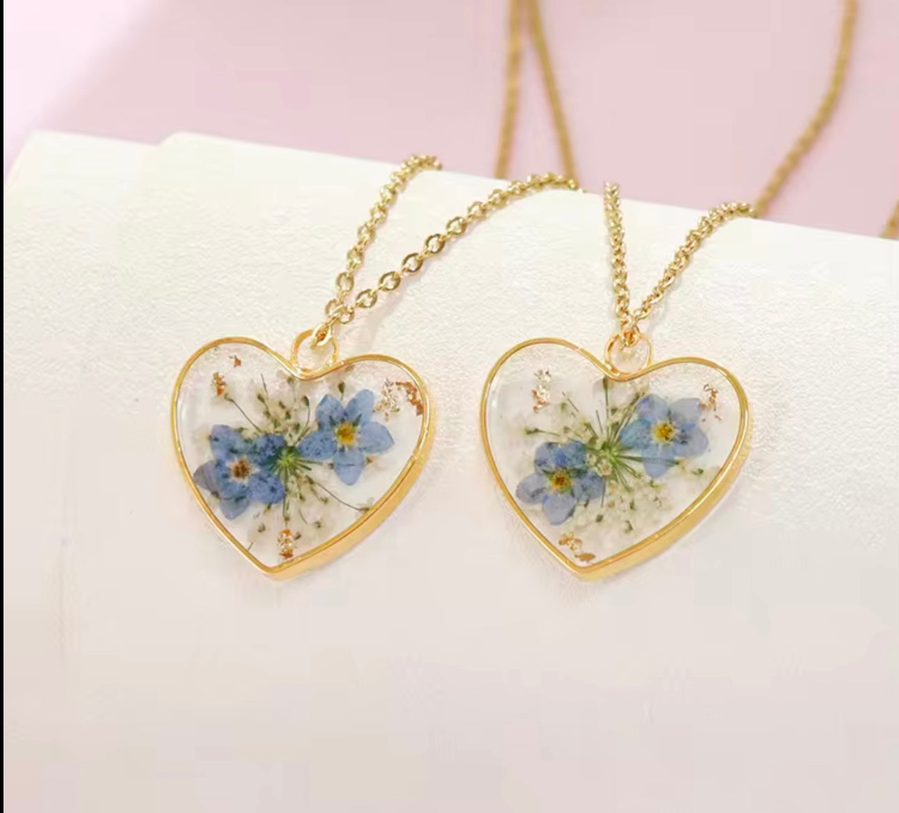 Heart Pendant with Real Forget-Me-Not Pressed Flowers