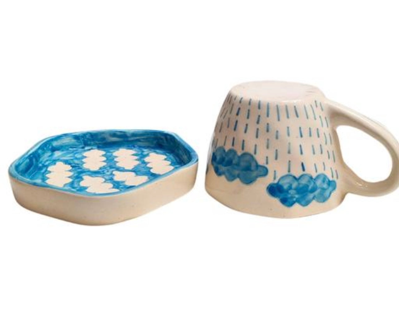 Aesthetic Blue & White Rain & Clouds Mug & Saucer Set