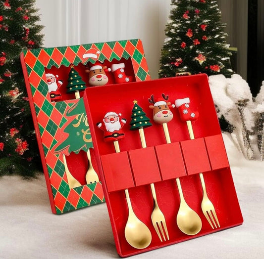Cute Christmas Theme Cutlery - Gold Spoons & Forks Set