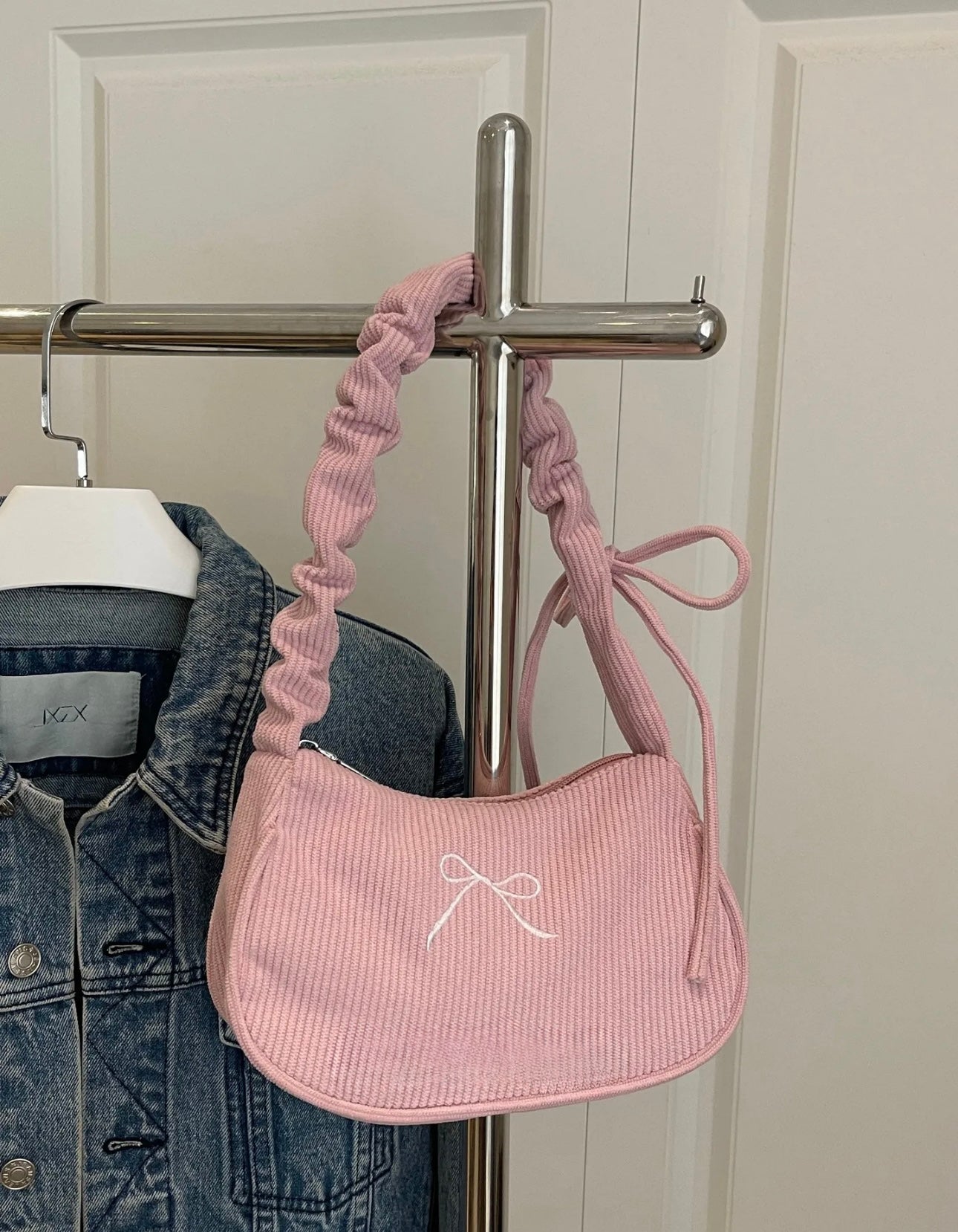 Premium Ribbed Pink Bow Bag