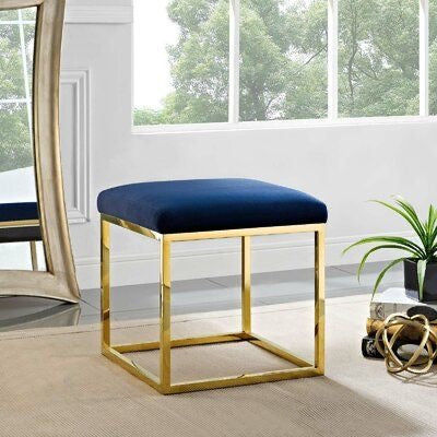 Contemporary Glam Velvet Square Ottoman with Metal Base