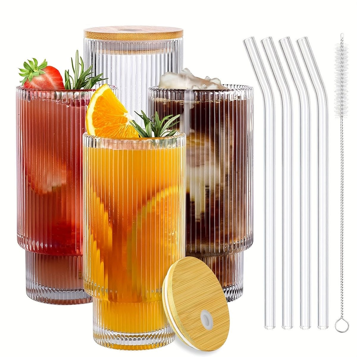 Ribbed Glass Cup with Lid & Straw