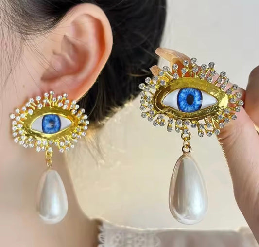 Evil Eye Statement Gold Toned Earrings