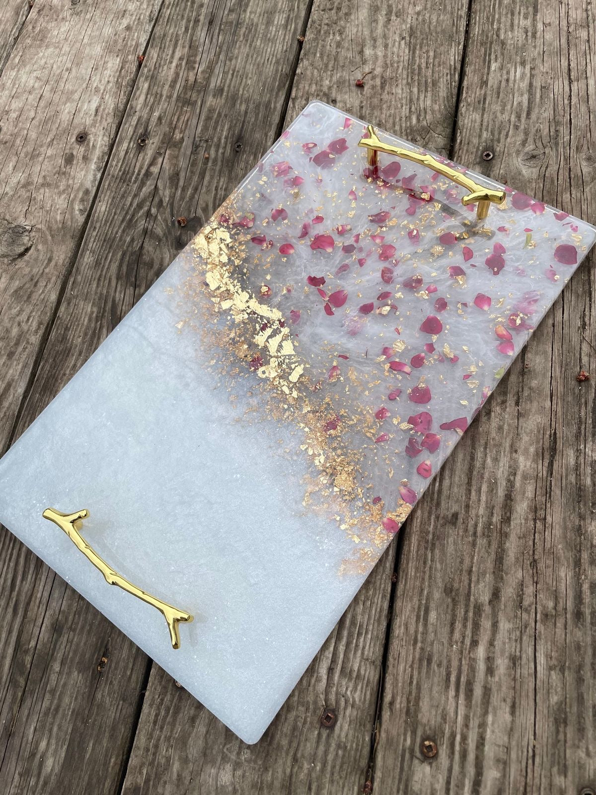 White Decorative Tray with Rose Petals