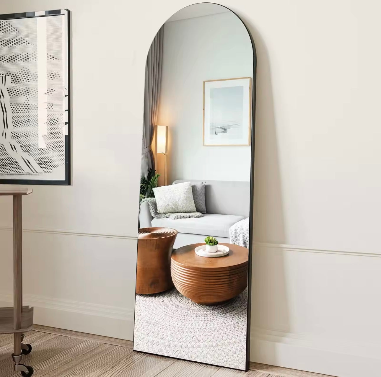 Decorative Full Length Arched Metal Frame Standing Mirror with Stand