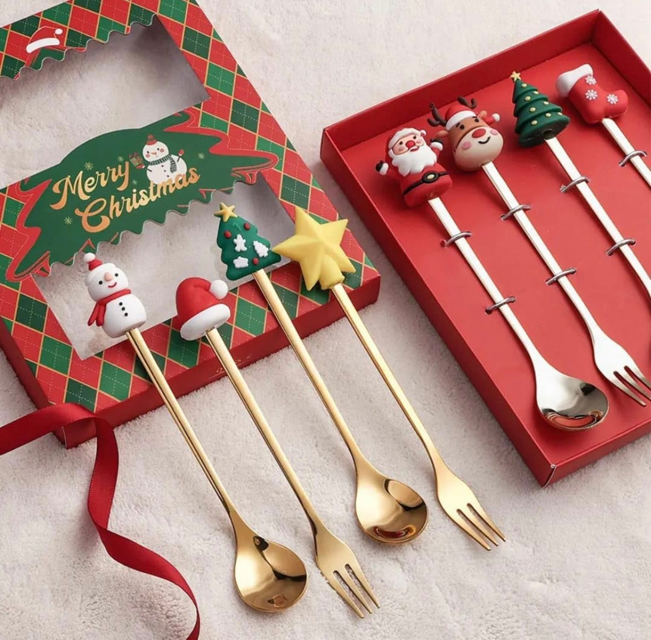 Cute Christmas Theme Cutlery - Gold Spoons & Forks Set