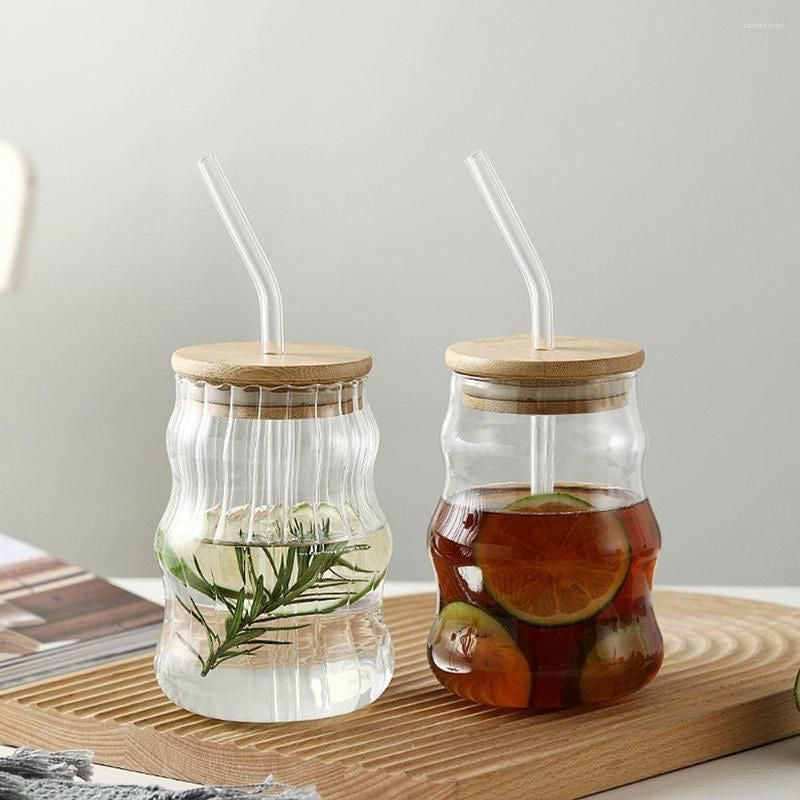 Gourd Shape Ribbed Glass Tumbler with Lid & Straw