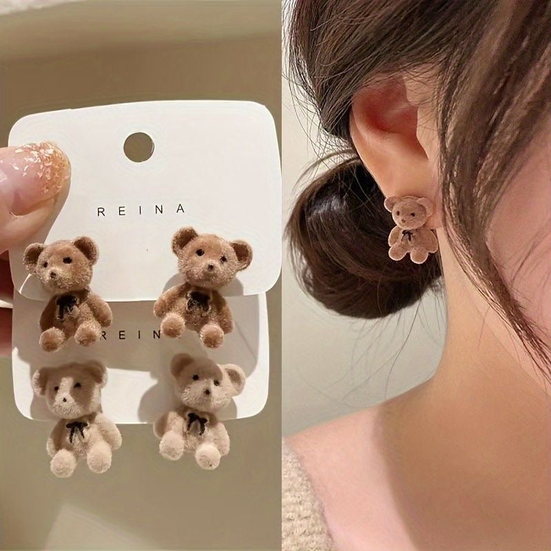 Cute Mini Bear & Bunny Plush Earrings - 2 Pairs