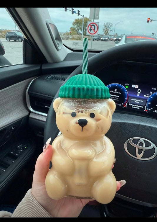 Cute Teddy Glass Tumbler with Straw & Lid