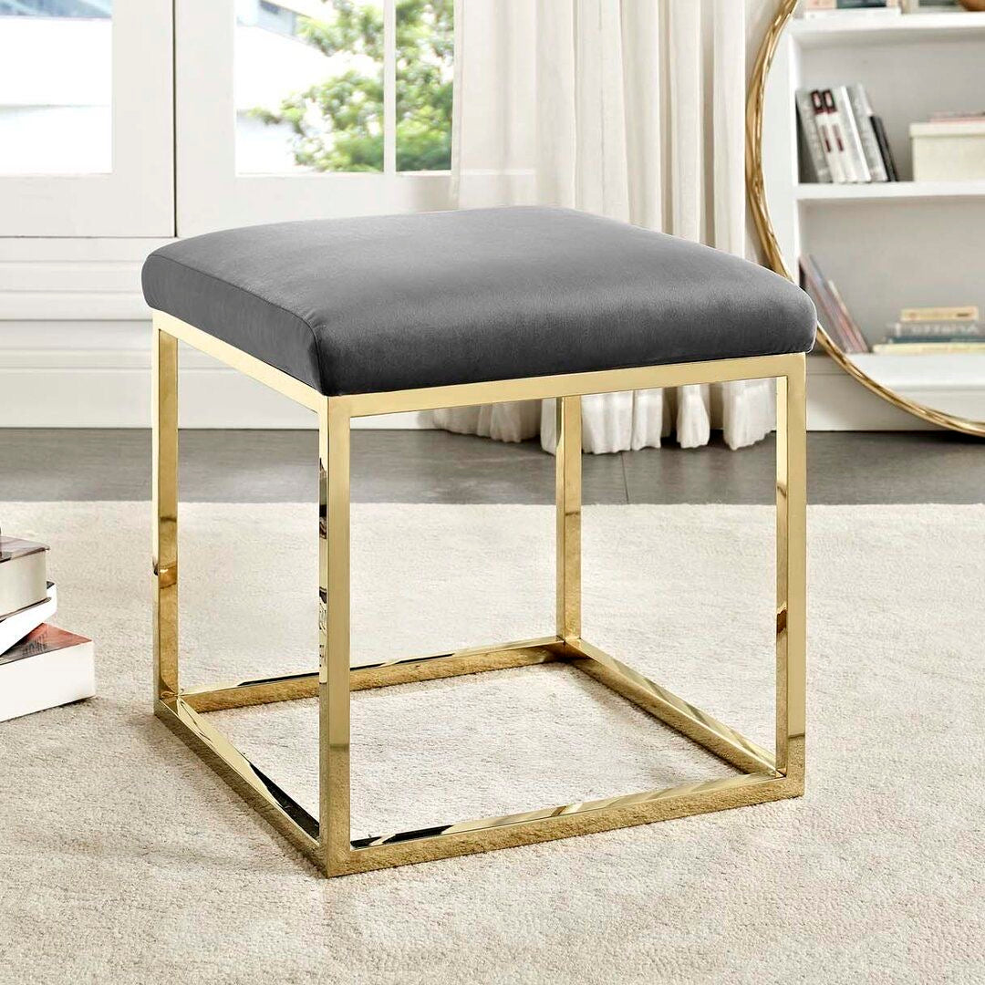 Contemporary Glam Velvet Square Ottoman with Metal Base