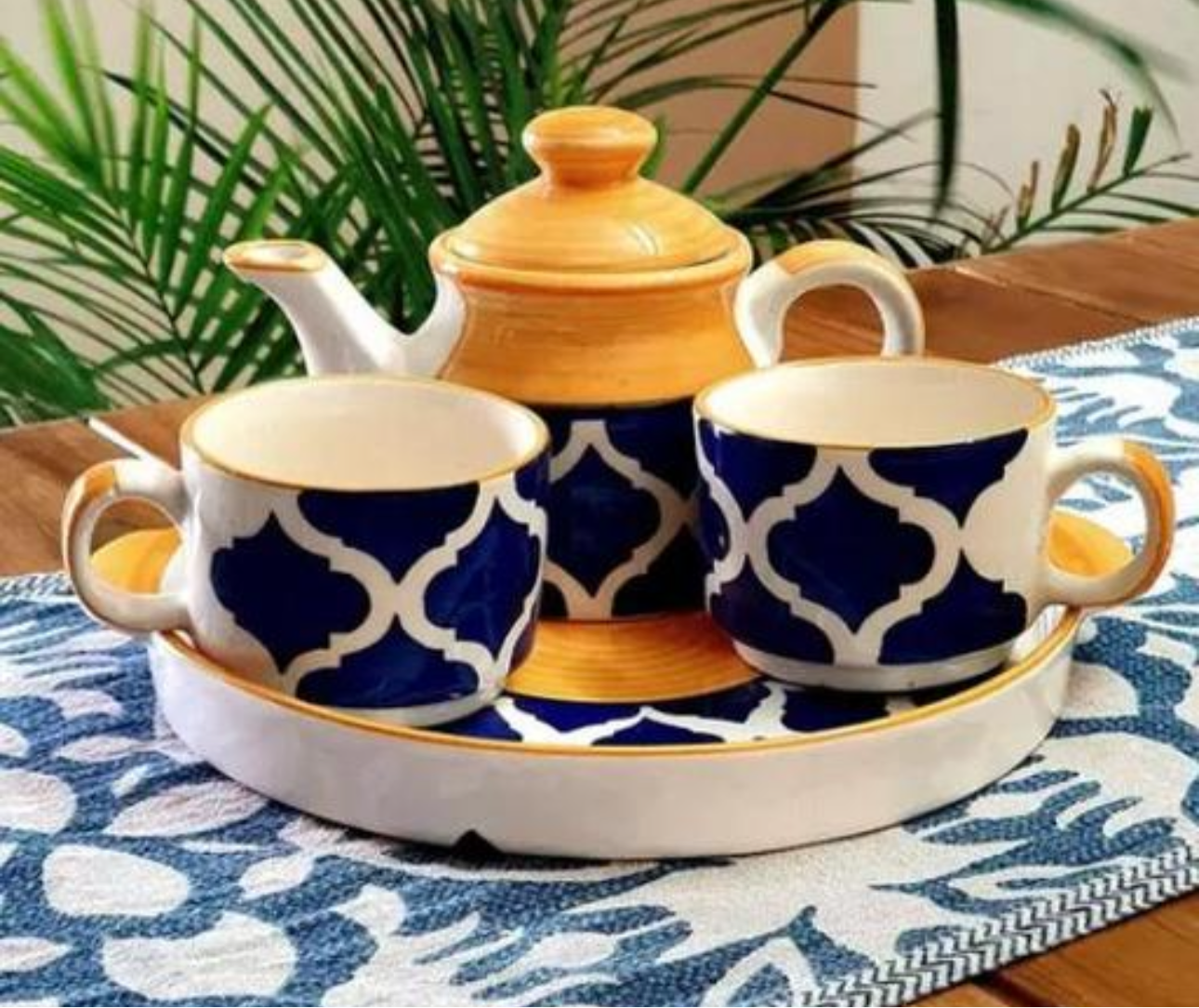 Classic Abstract Print Kettle & 2 Mugs Set