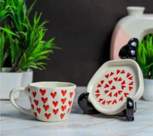 Cute Heart Print Mug & Saucer Set