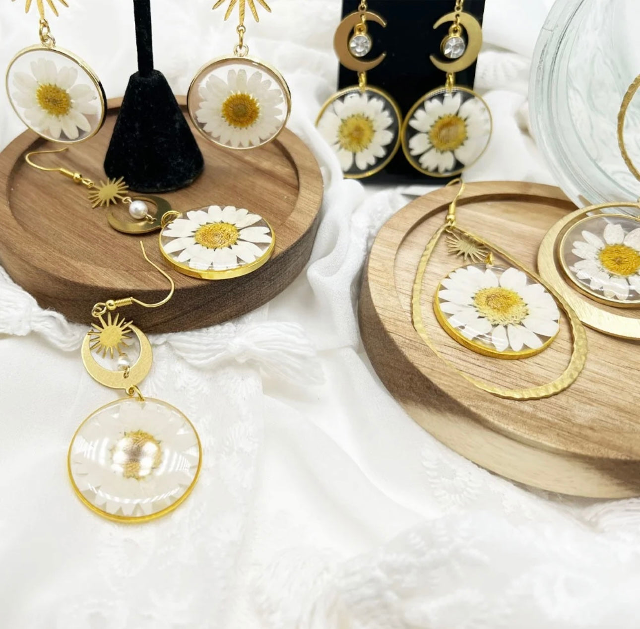 Exclusive Earrings with Real Pressed Daisy Flower