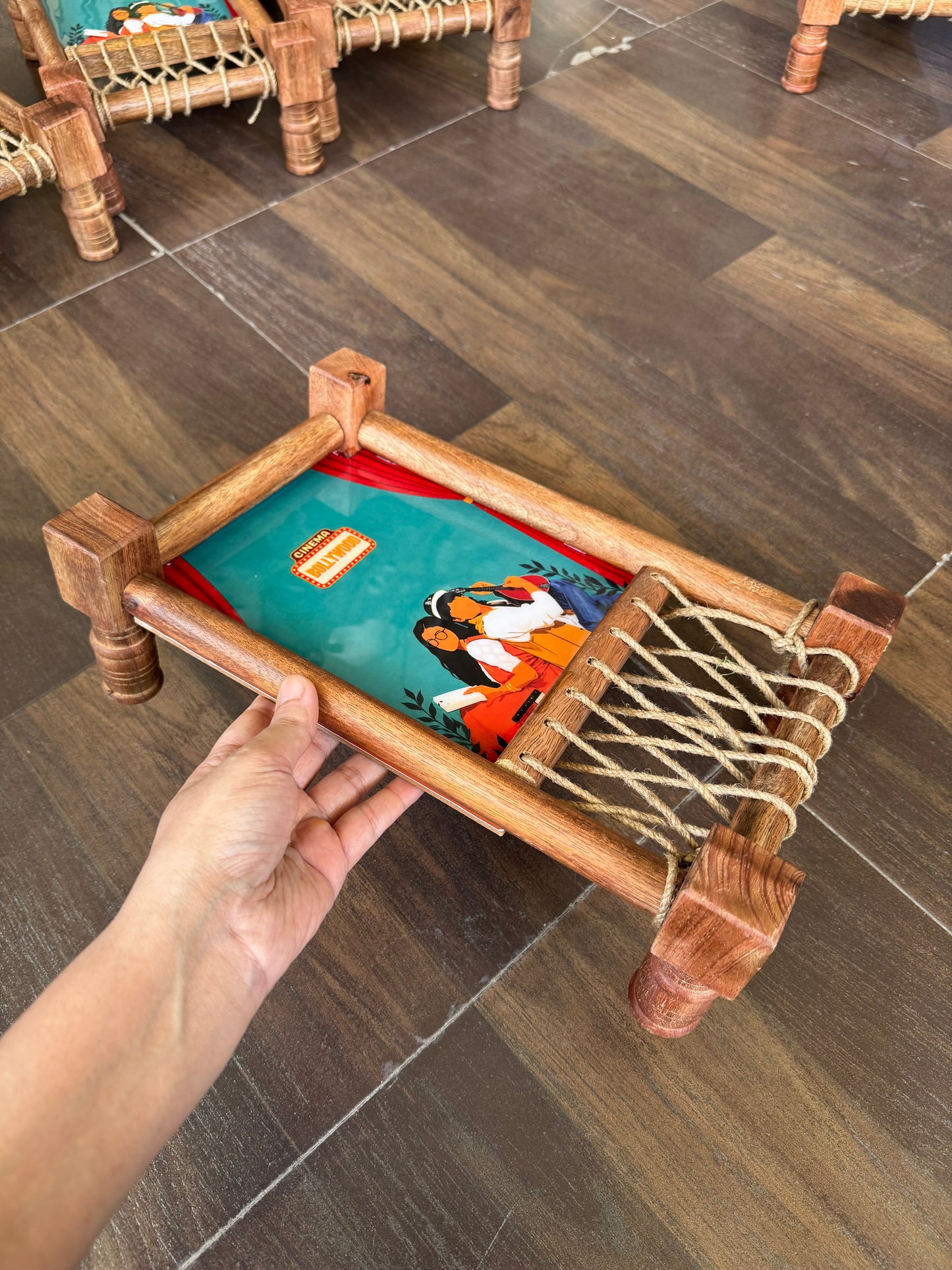 Aesthetic “DDLJ” Print Wooden Khatiya Tray/ Khaat Tray / Khaat Platter / Khatiya Platter / Cot Tray