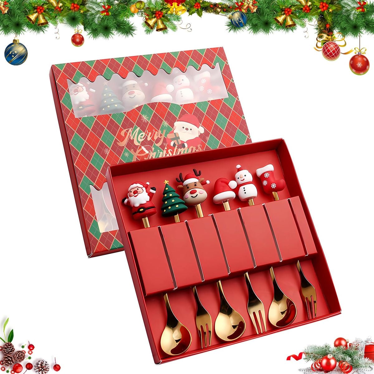 Cute Christmas Theme Cutlery - Gold Spoons & Forks Set