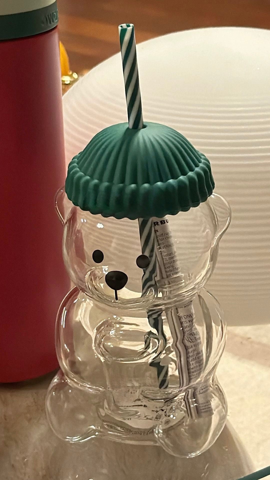 Cute Teddy Glass Tumbler with Straw & Lid