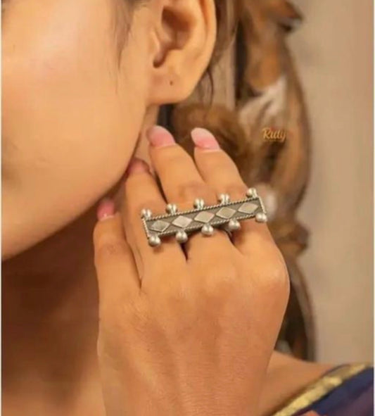 Handcrafted Oxidised Statement Ring | Adjustable Vintage Silver Bohemian Finger Ring for Women
