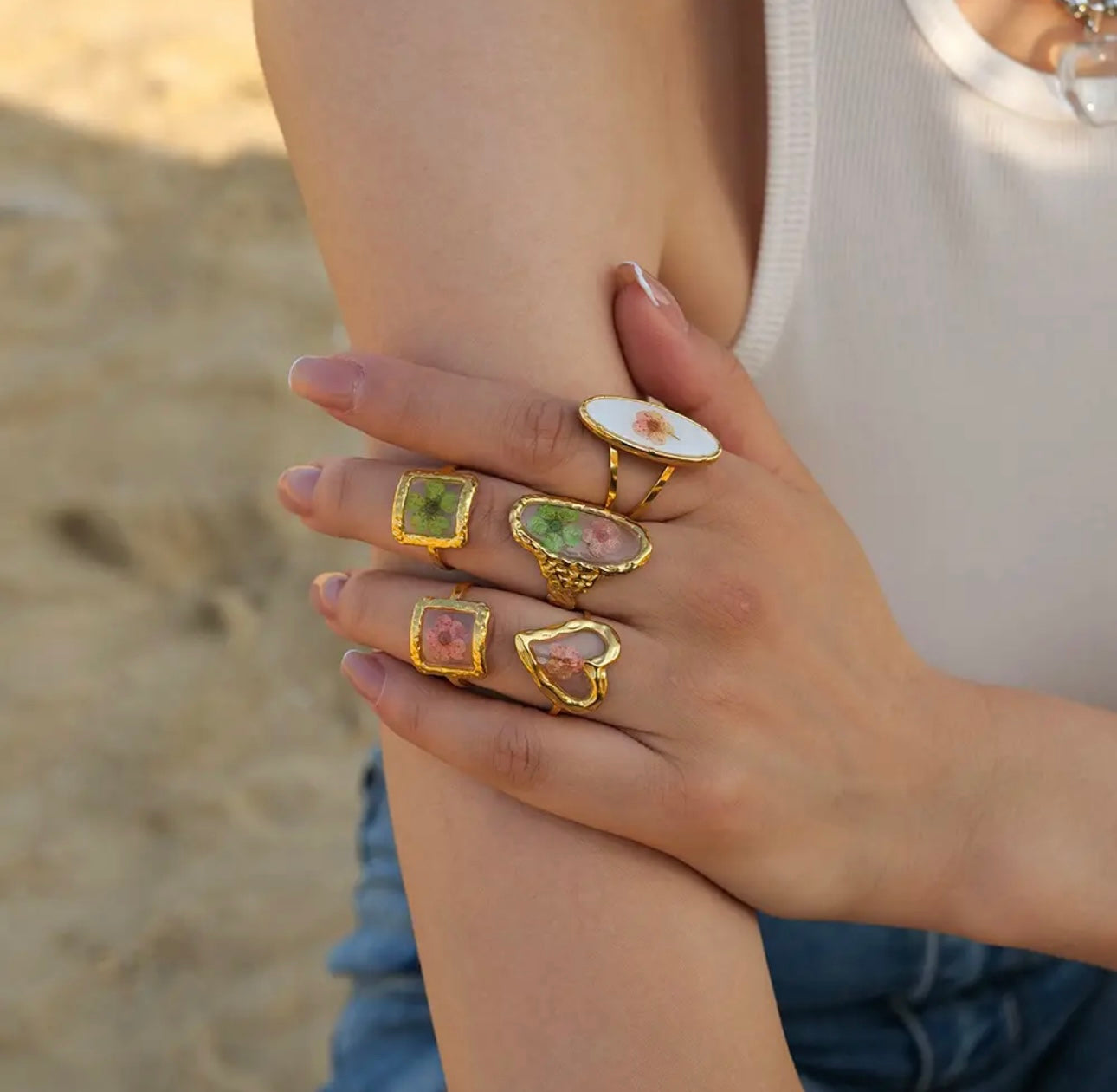 High End Rings with Real Pressed Flowers