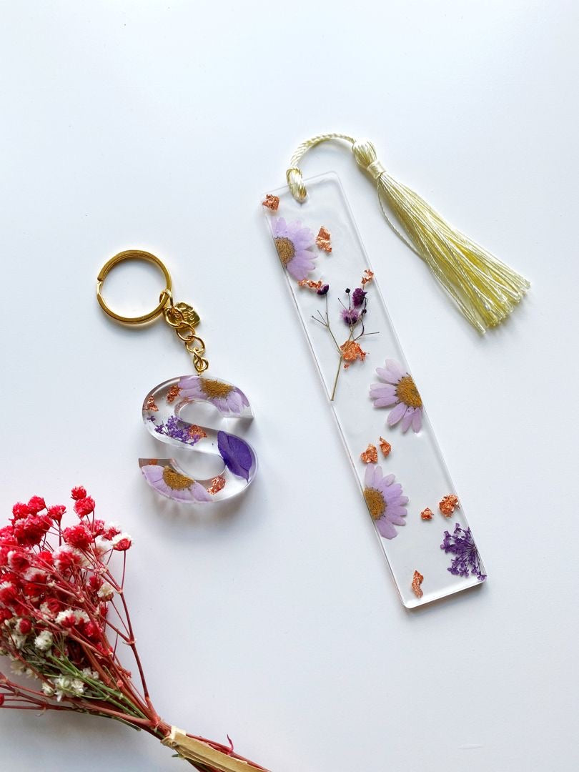 Floral Bookmark & Initial Keychain Combo