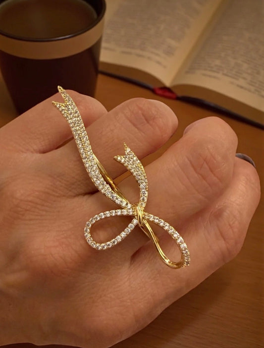 Elegant Rhinestones Gold Bow Ring Minimalist