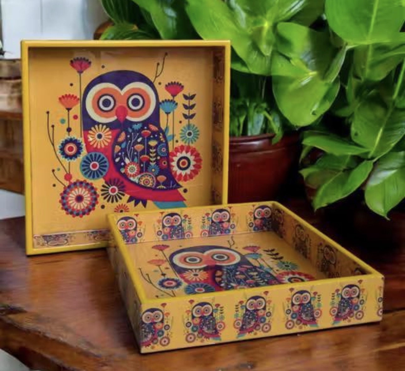Premium Mango Wood Owl Print Trays - Set of 2