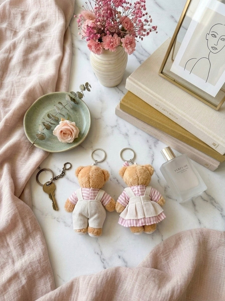 Exclusive Couple Teddy Keychain in Cute Pink Outfit