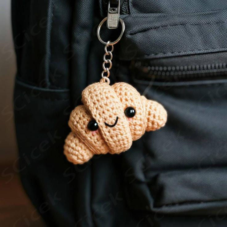 Cute Smiling Croissant Shape Crochet Keychain