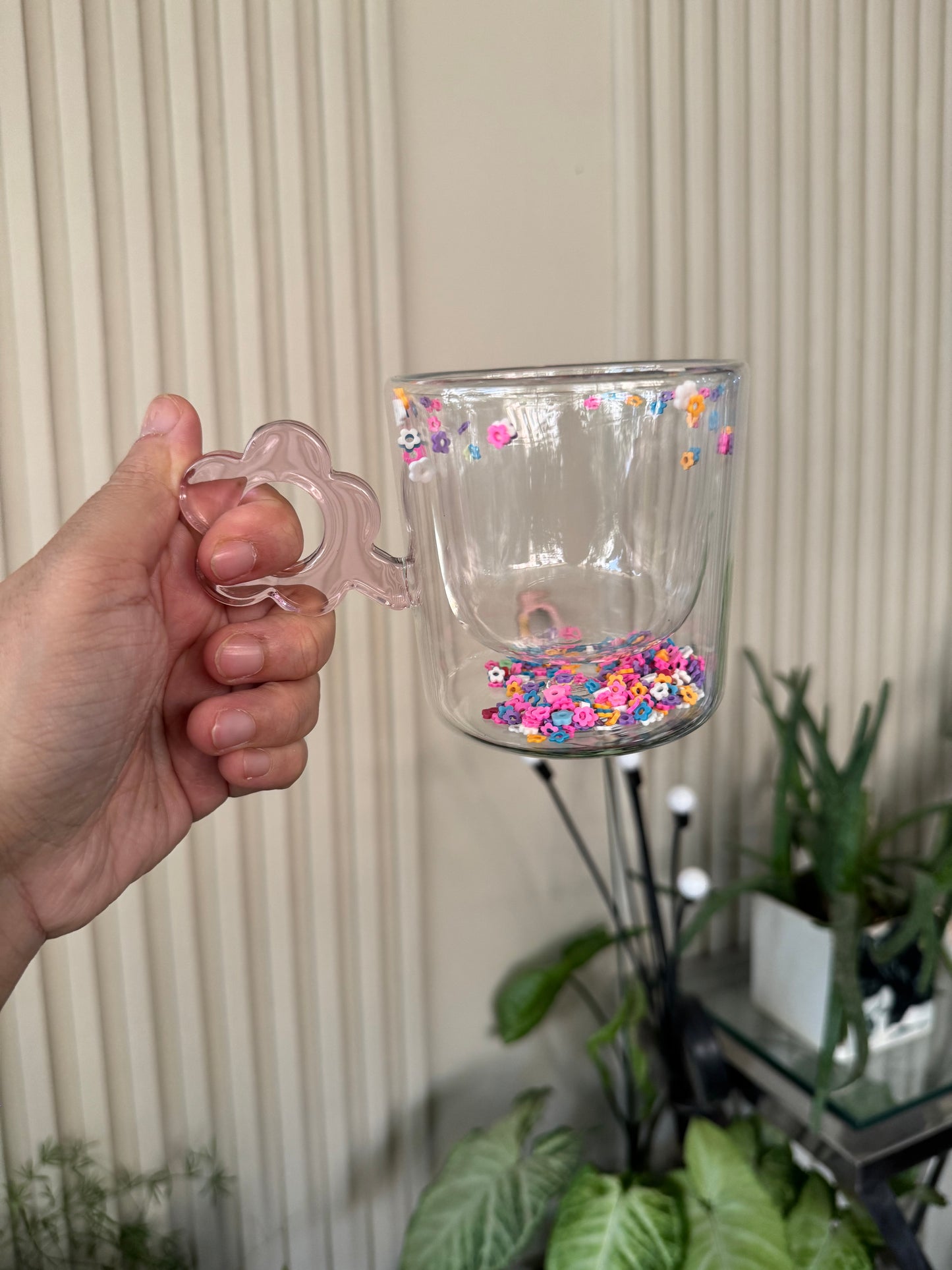Elegant Double Wall Confetti Inside Glass Coffee Mug with Flower Handle