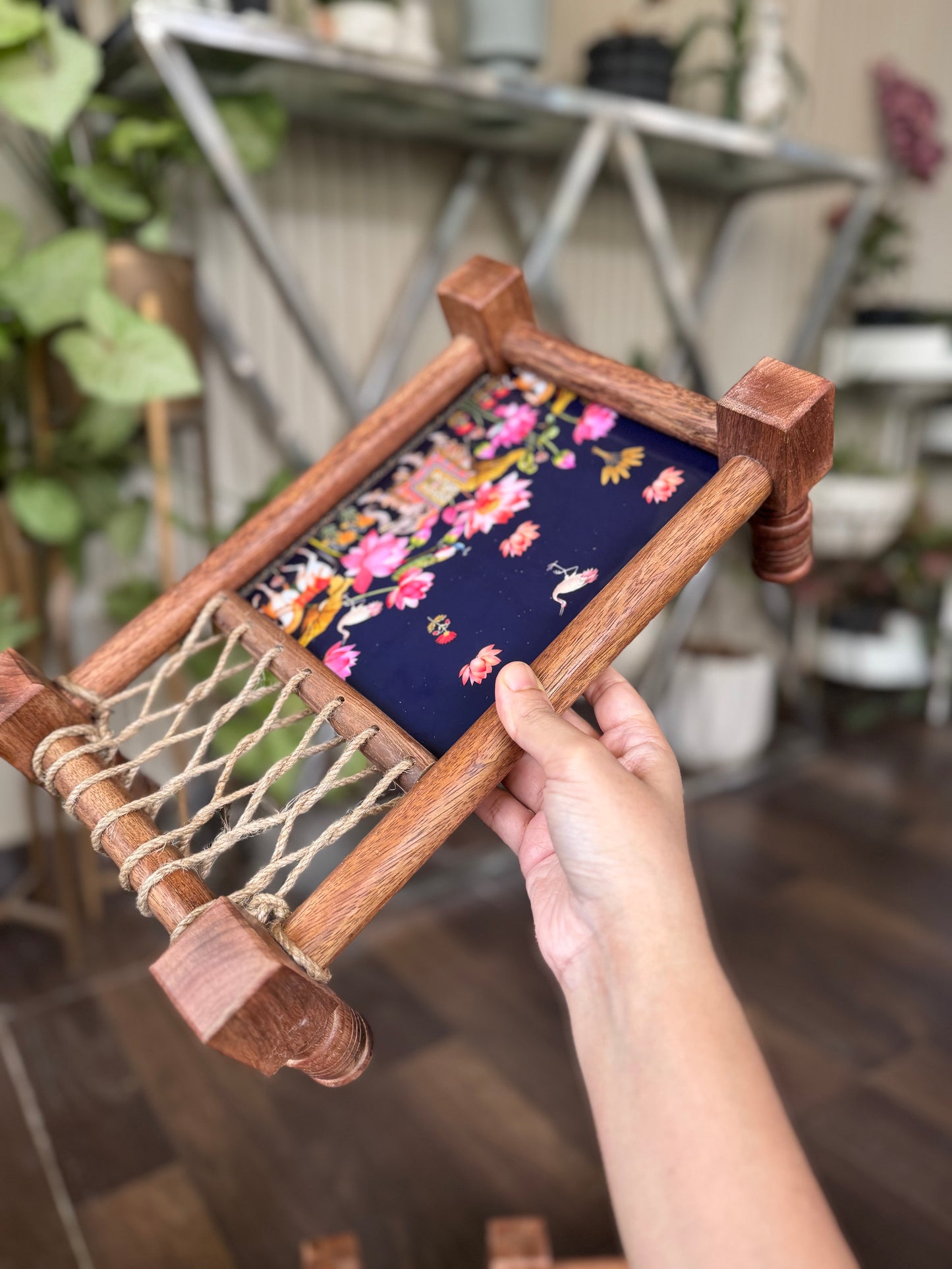 Heritage Lotus Print Wooden Khatiya Tray/ Khaat Tray / Khaat Platter / Khatiya Platter / Cot Tray