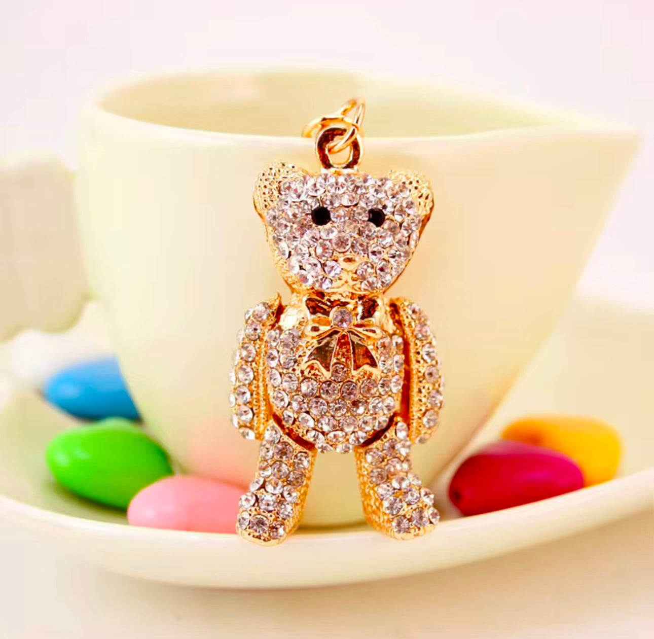 Cute Teddy Shape Metal Rhinestones Keychain