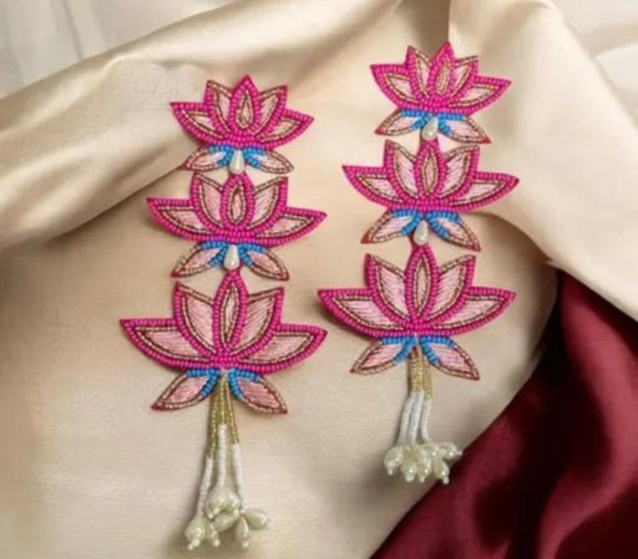 Handmade Beaded Statement Boho Ethnic Lotus Pink Large Earrings