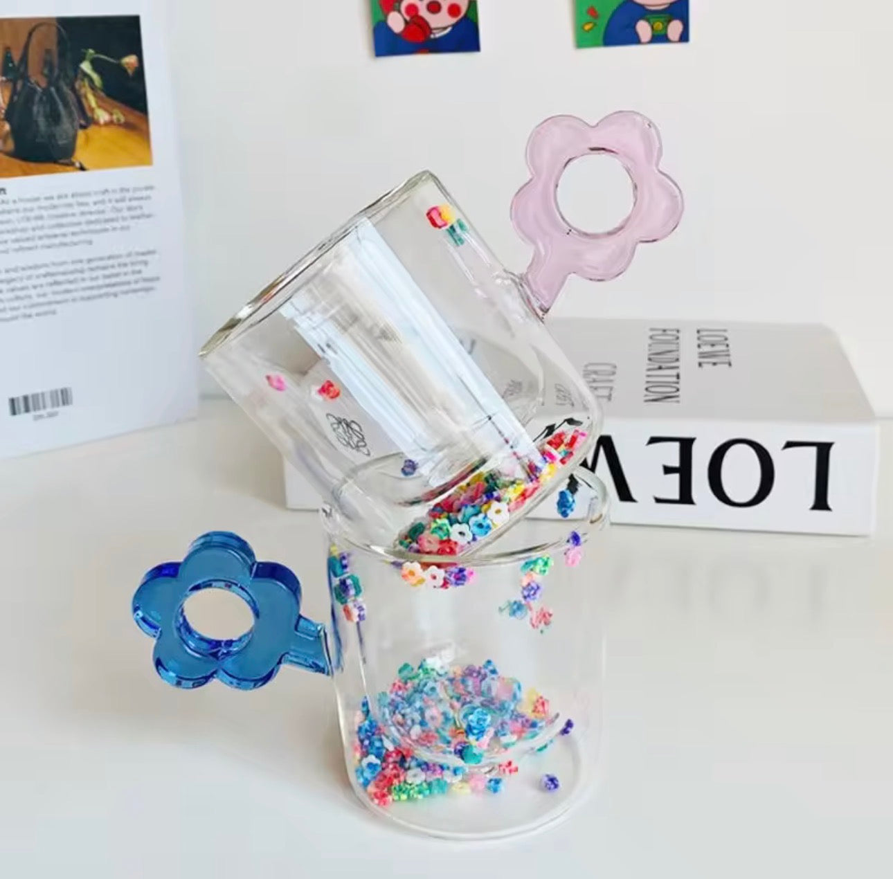 Elegant Double Wall Confetti Inside Glass Coffee Mug with Flower Handle