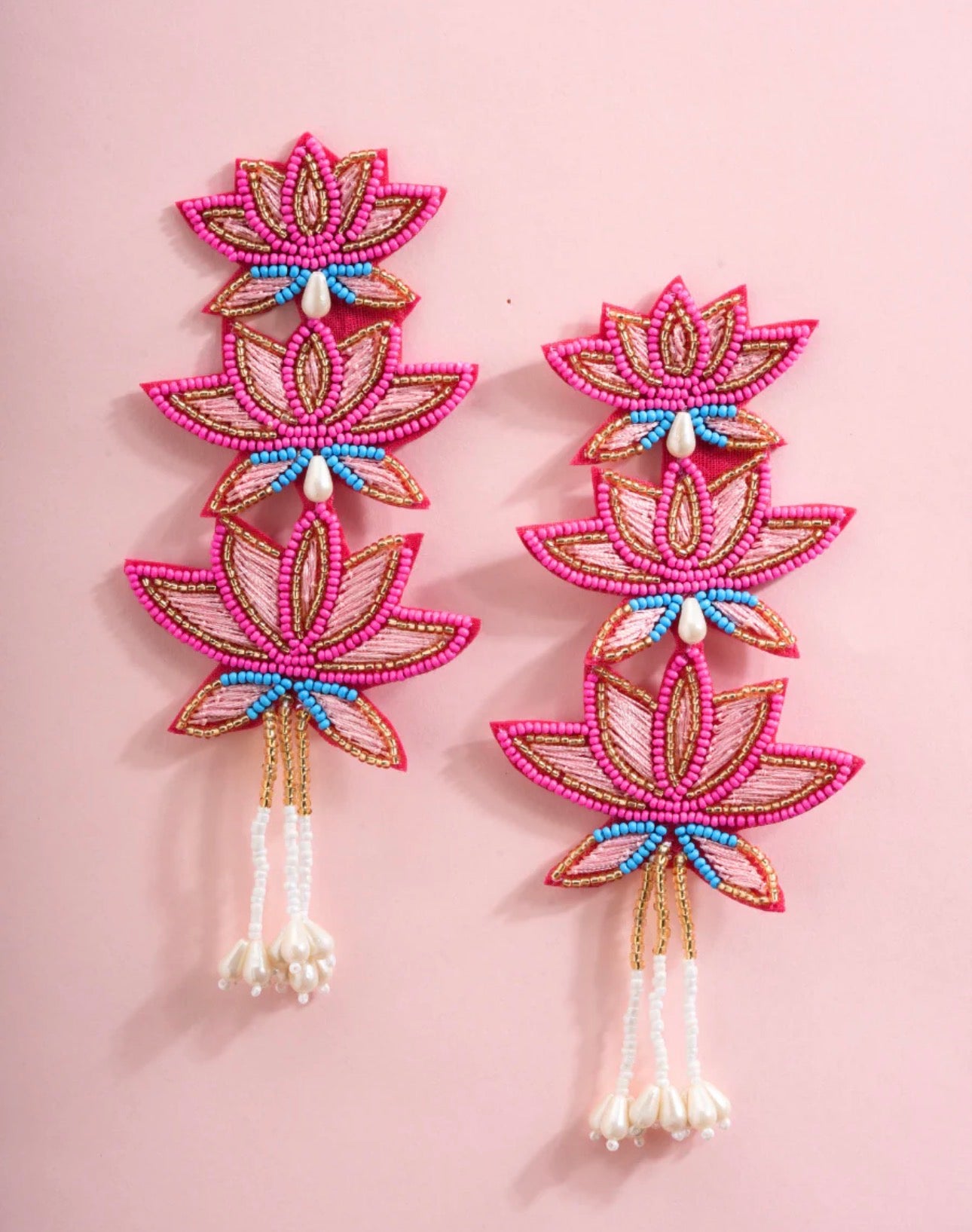 Handmade Beaded Statement Boho Ethnic Lotus Pink Large Earrings