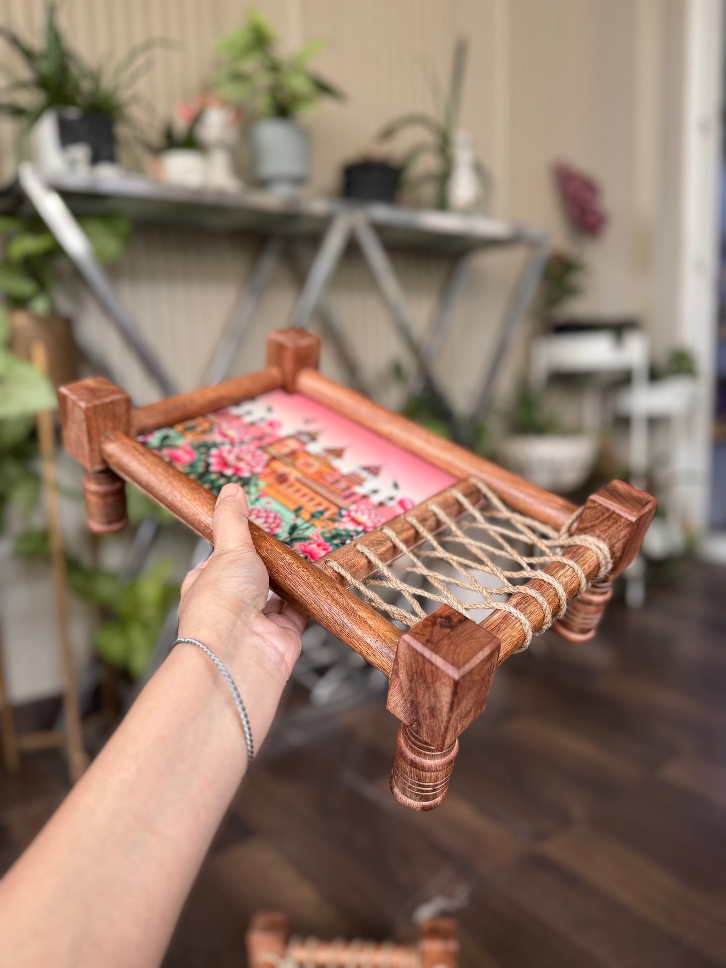 Rustic “Jaipur” Print Wooden Khatiya Tray/ Khaat Tray / Khaat Platter / Khatiya Platter / Cot Tray