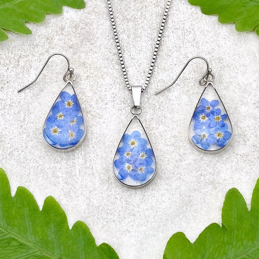 925 Sterling Silver Forget Me Not Pendant & Earrings Gift Set