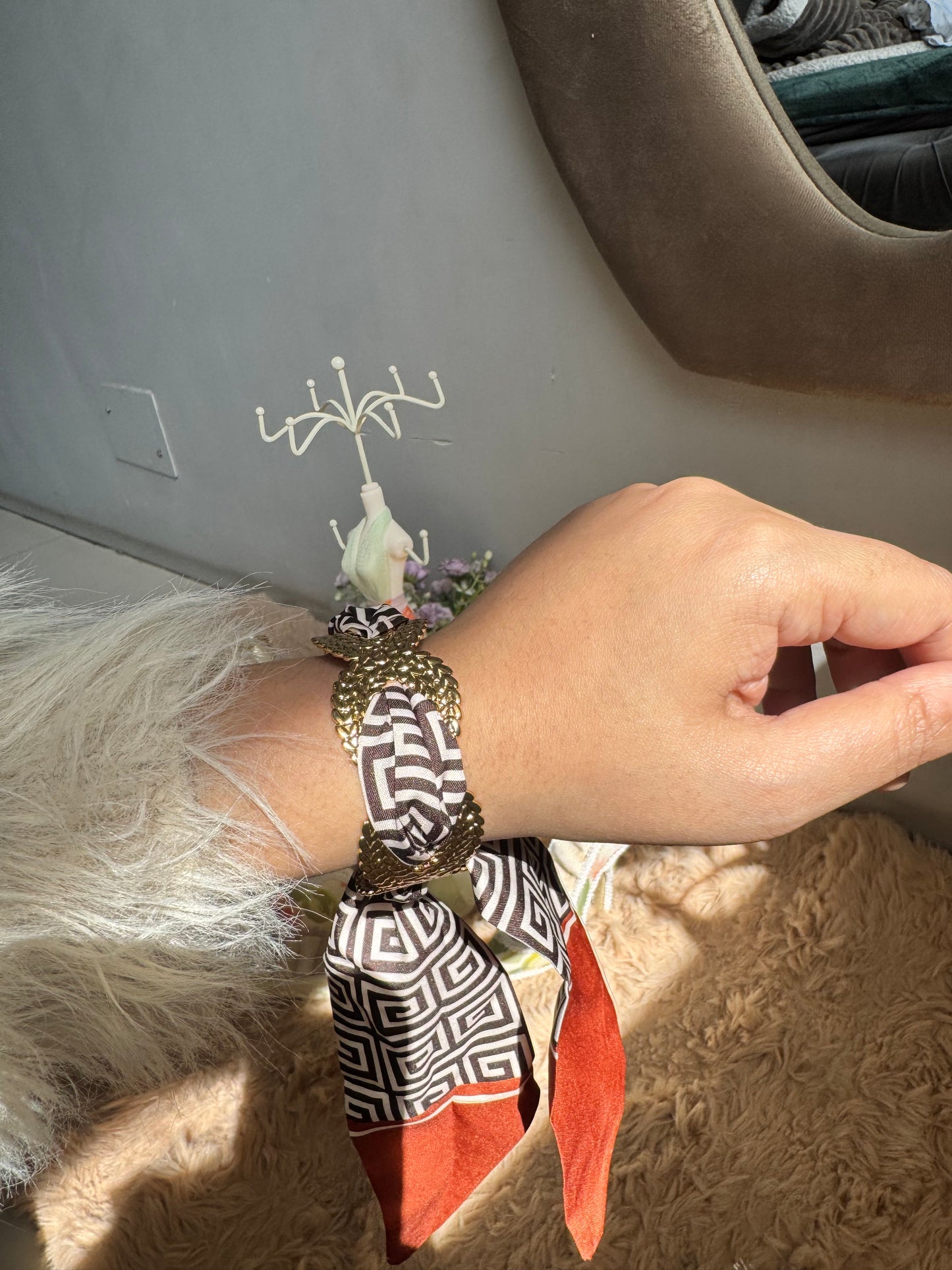 Premium Metal Cuff Statement Adjustable Bracelet with Satin Scarf