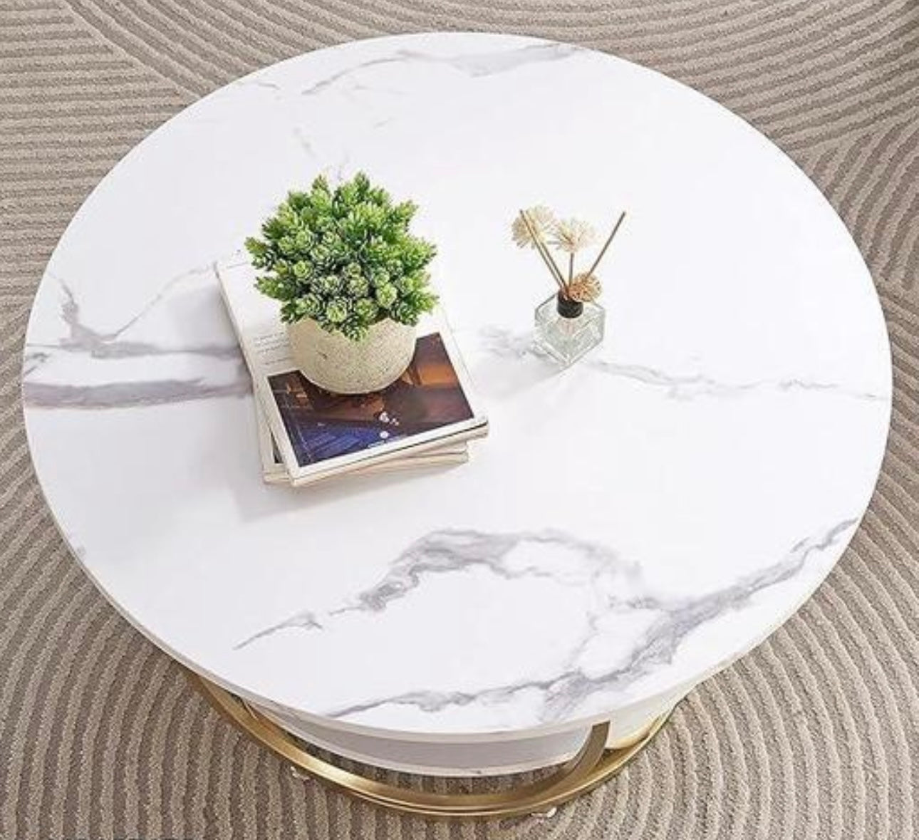 Elegant Centre Coffee Table with White Faux Marble Top & Metal base