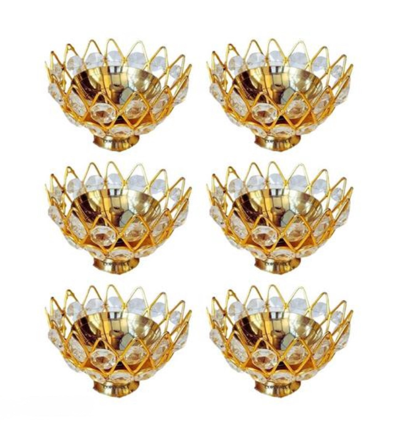 Elegant Lotus Shape Crystal Tea Light/Diya Holder (Gold) - Set of 6