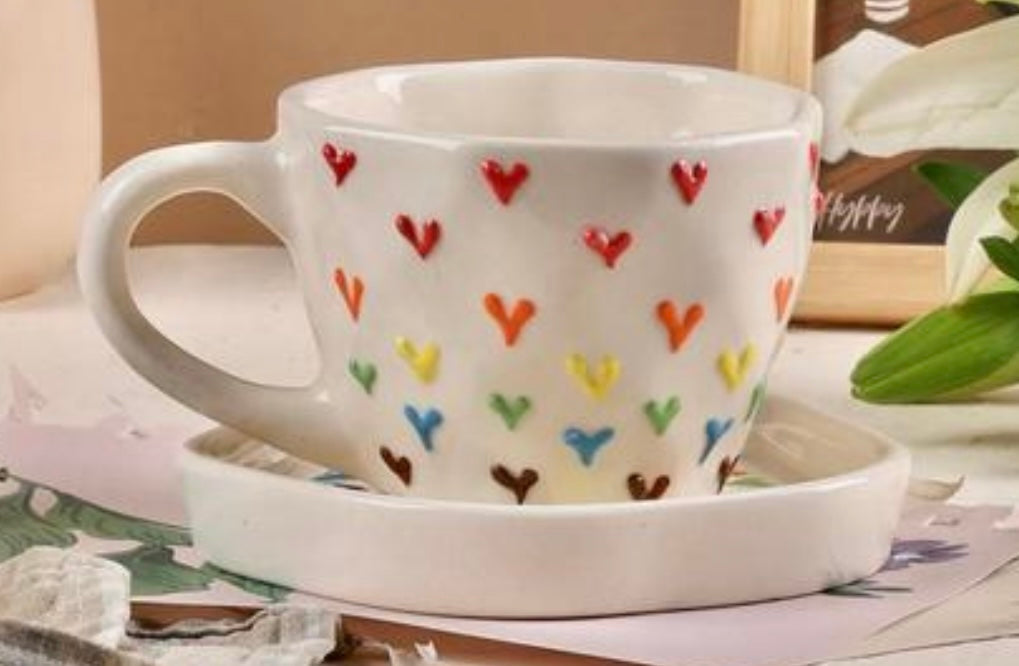 Cute 3D Colorful Hearts Mug & Saucer Set