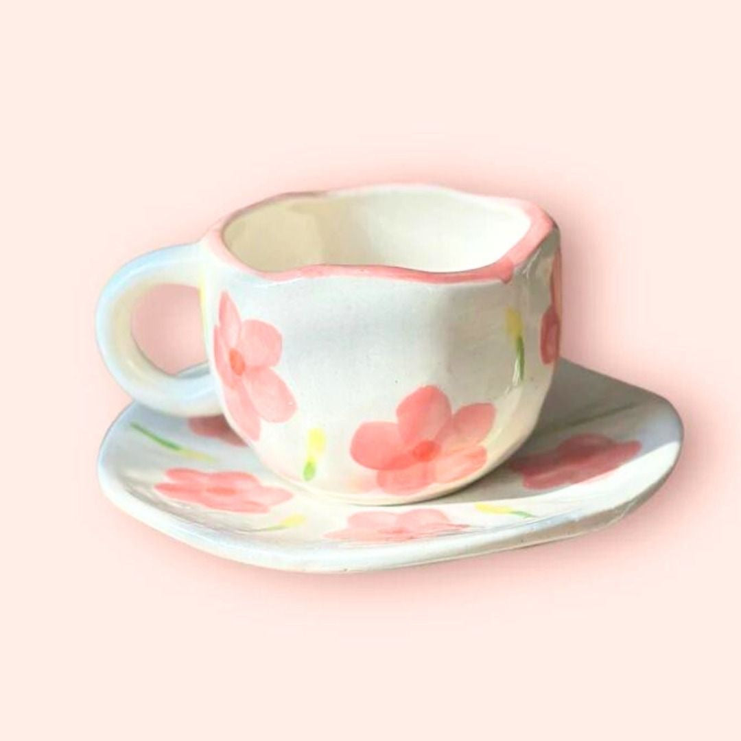 White & Pink Flowers Mug & Saucer Set