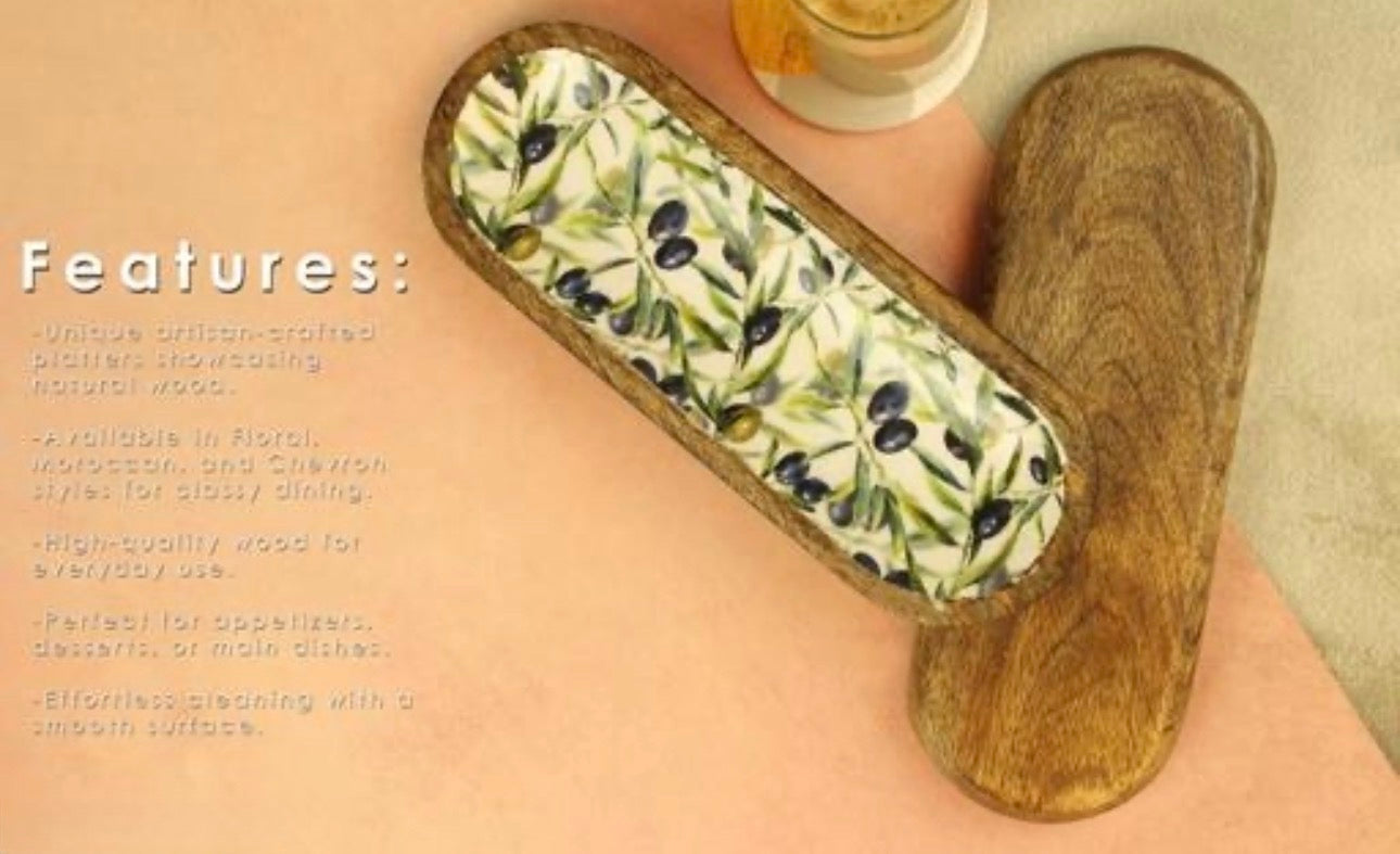 Premium Mango Wood Oval Printed Resin Tray