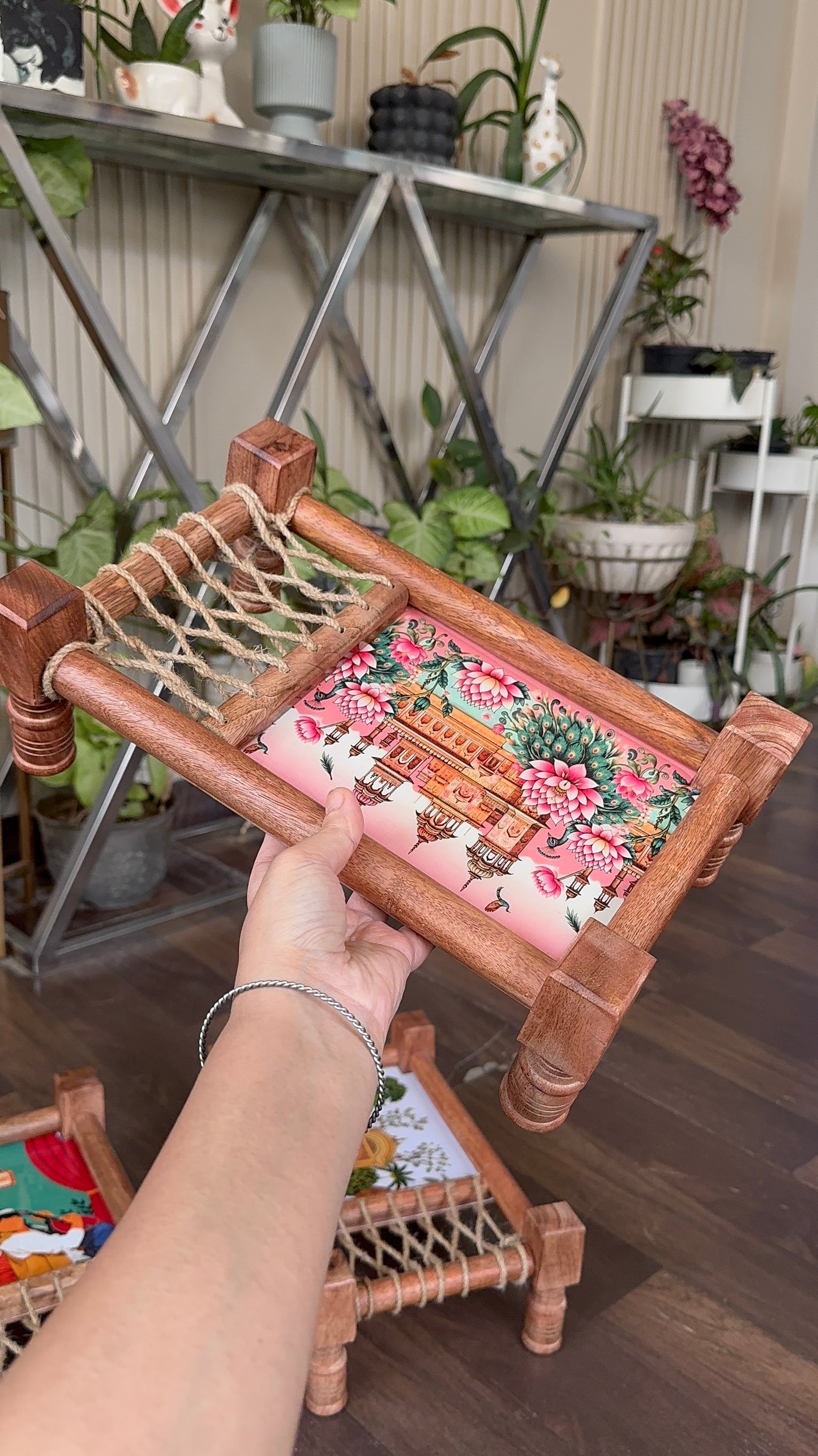 Rustic “Jaipur” Print Wooden Khatiya Tray/ Khaat Tray / Khaat Platter / Khatiya Platter / Cot Tray