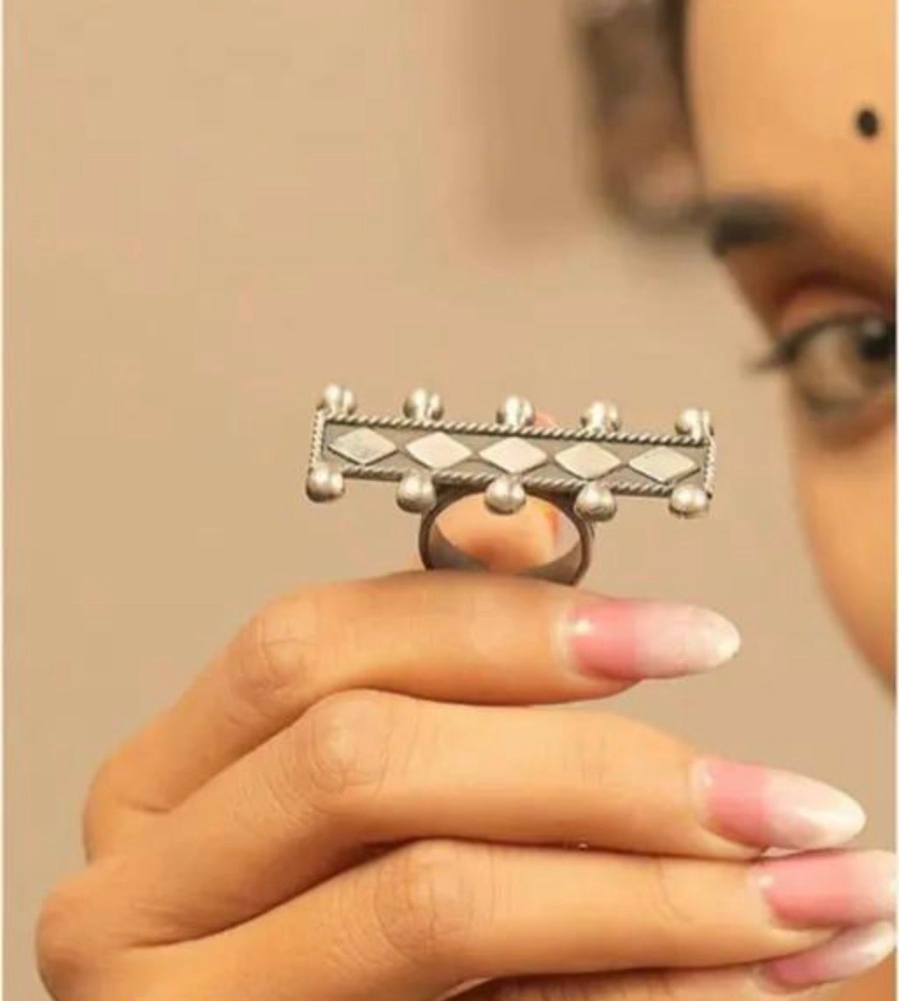 Handcrafted Oxidised Statement Ring | Adjustable Vintage Silver Bohemian Finger Ring for Women