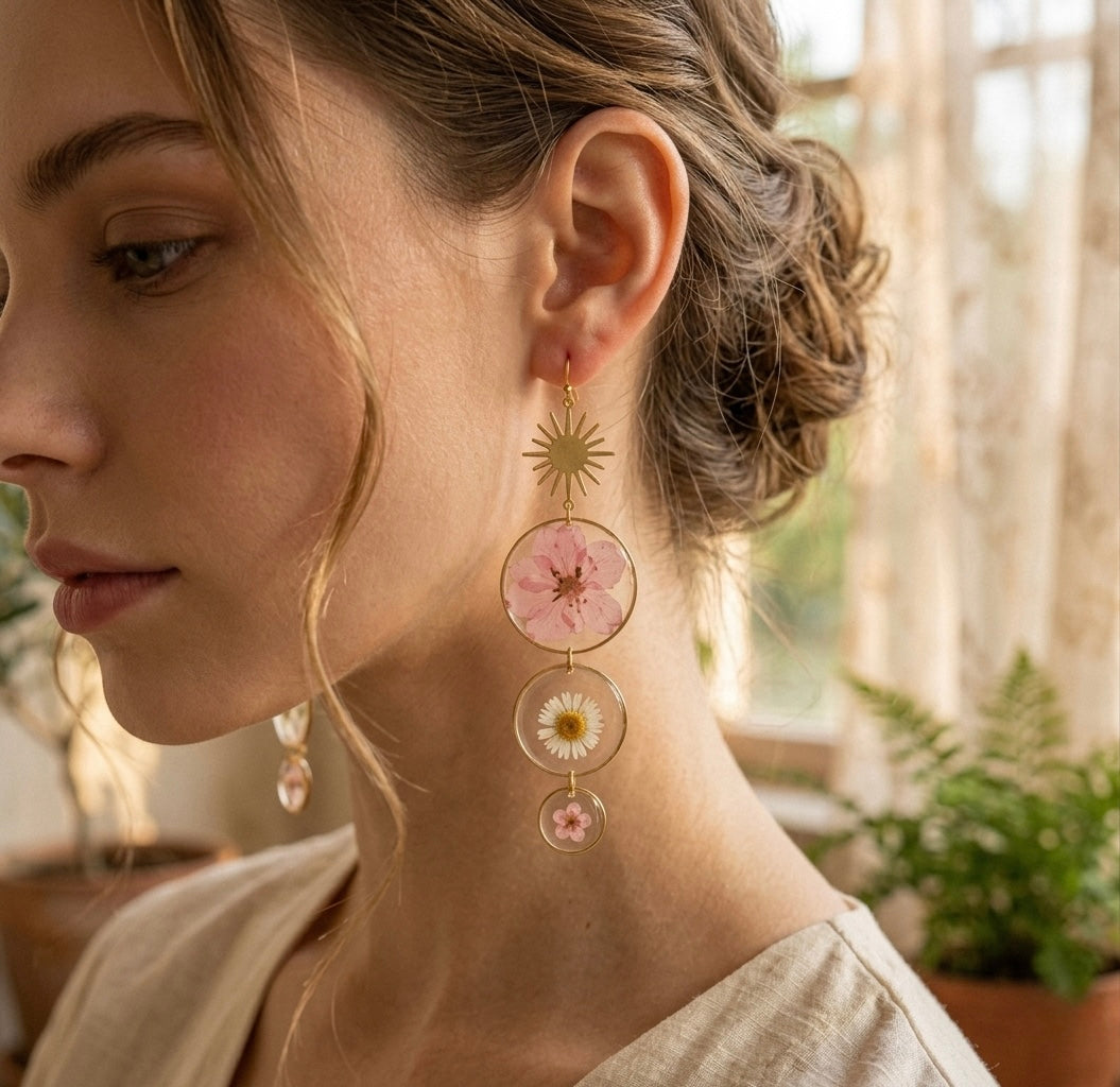 Elegant Drop Earrings with Real Pressed Dried Flowers