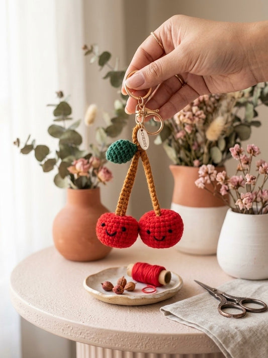 Handmade Crochet Smiling Cherry Keychain
