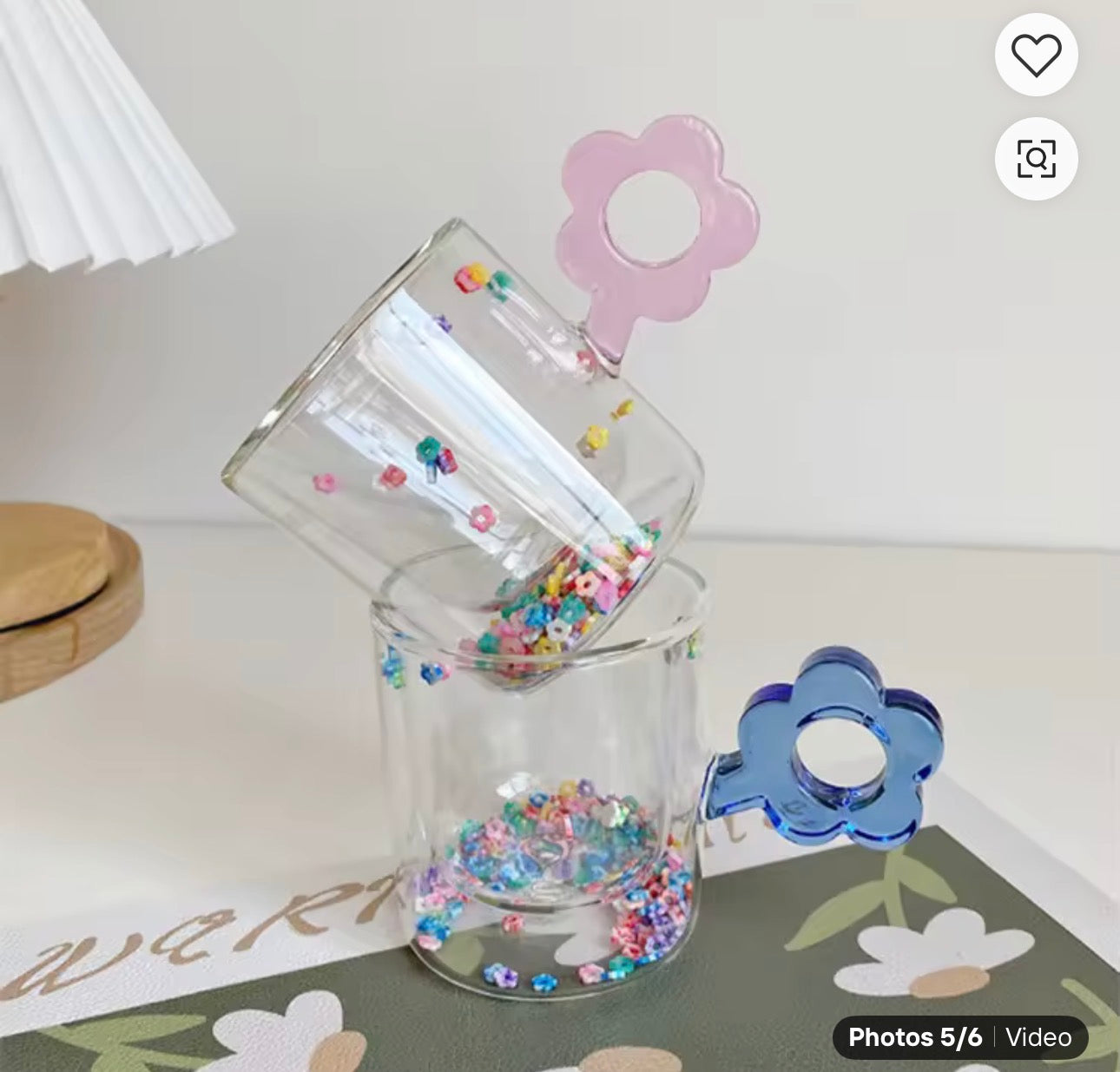 Elegant Double Wall Confetti Inside Glass Coffee Mug with Flower Handle